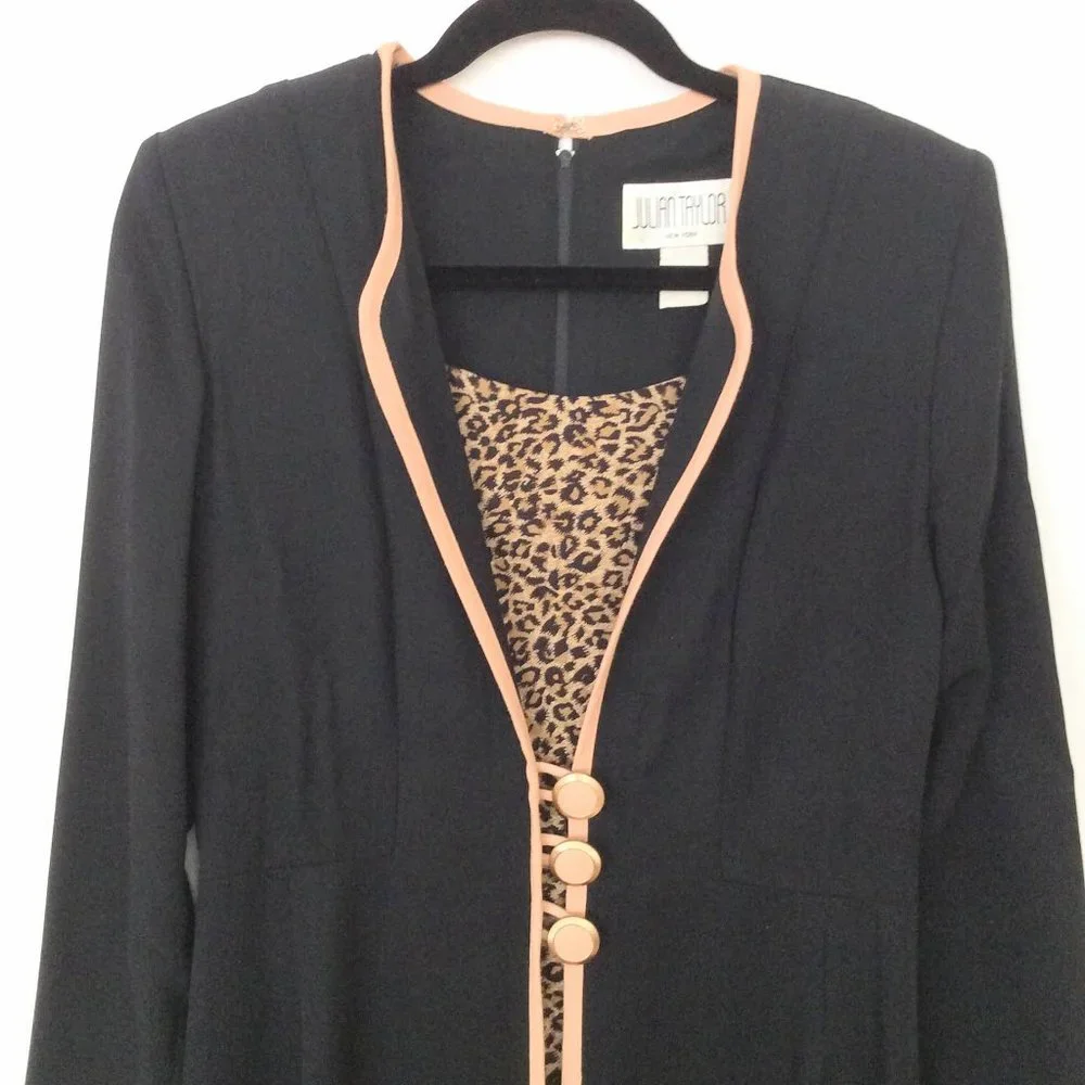 Julian Taylor Vintage Career Dress Black & Animal Print Size 8 - Picture 2 of 7
